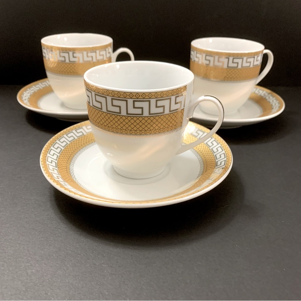 Alpine Cuisine Fine Porcelain Cup & Saucers set of 3 
Greek key Gold
